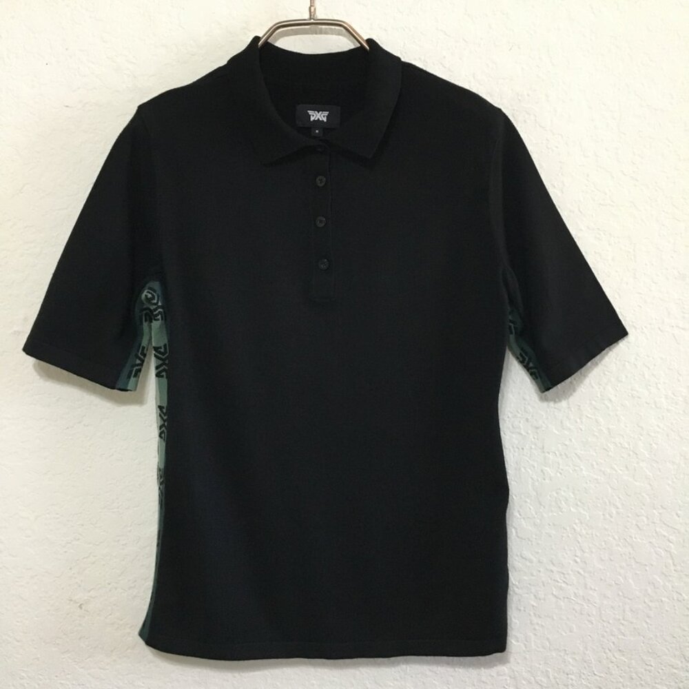 PXG Womens Medium Golf Polo 3 Color Stripe Sides with Logo Black / Green